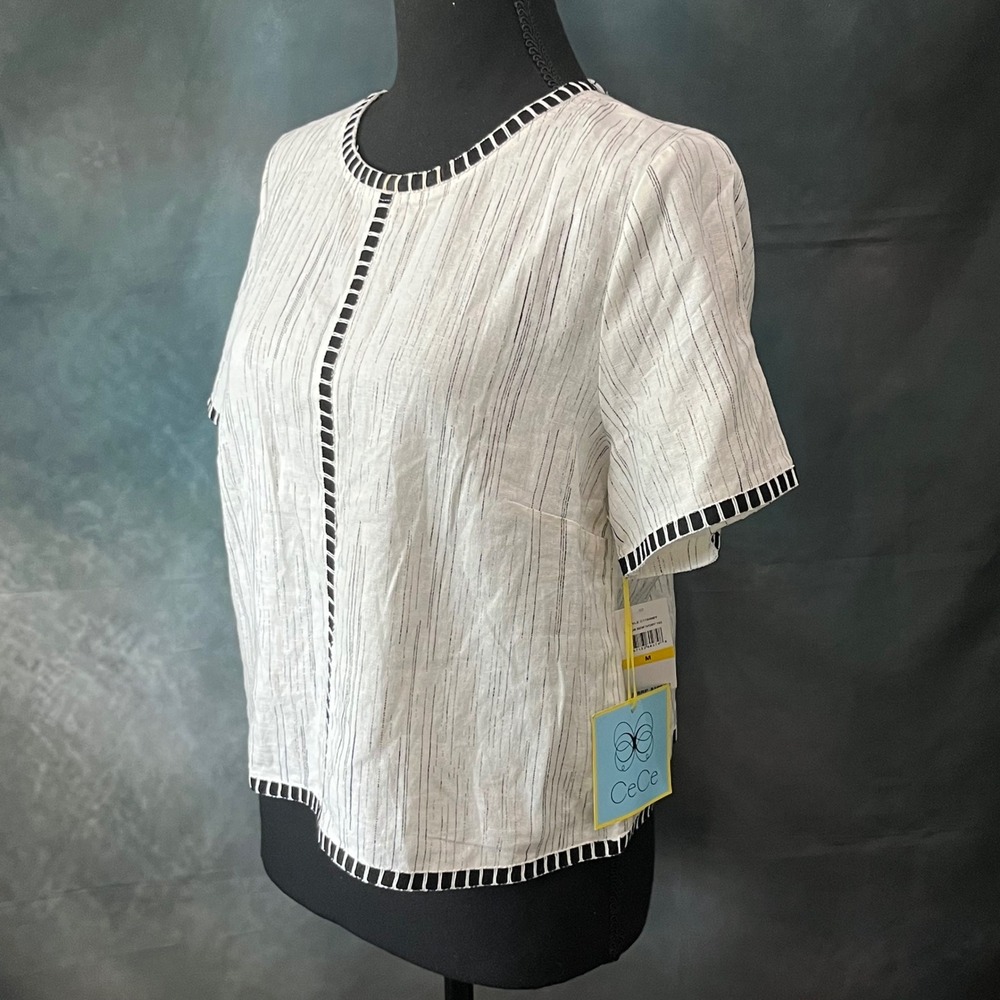 CeCe Womens White Black Pinstripe Linen Blend Ladder Trim Top Blouse M NWT - Picture 2 of 7